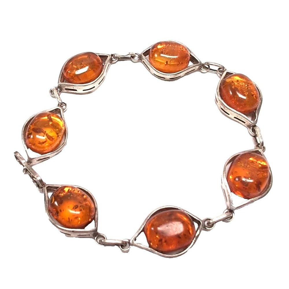 Vtg Baltic Amber Link Bracelet Silver-Tone Setting 15g~7.5–8" Length